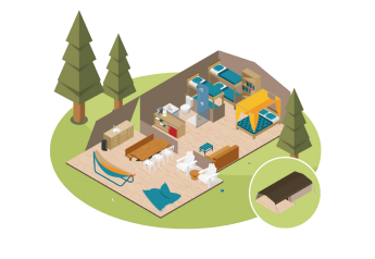 Ilustración 3D del interior de una tienda Safari Lodge en Camping Pian di Boccio, Italia, con muebles y árboles.
