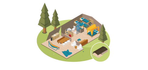 3D-grafik af indretning i en Safari Lodge safaritelt på Camping Pian di Boccio, Italien, med møbler og træer.