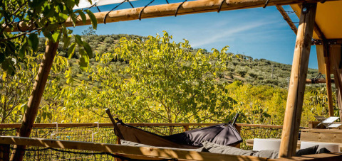 Zicht vanuit safaritent met hangmat en houten frame op groene heuvels bij Camping Pian di Boccio, Italië.