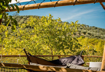 View from safari tent with hammock, wooden frame, and lush hills at Camping Pian di Boccio, Italy.