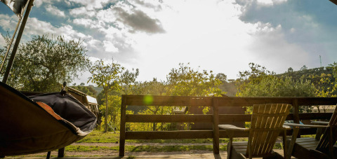 View from a safari tent deck at Camping Pian di Boccio in Italy with sunlight over trees and chairs.