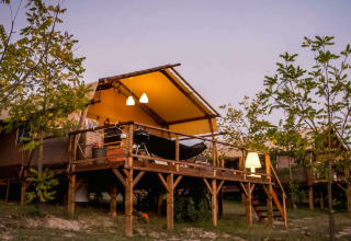 Tienda safari llamada Desert Lodge con baño privado, terraza elevada, árboles alrededor e iluminación nocturna.