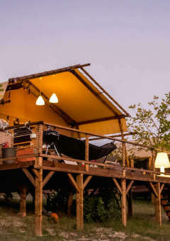 Tienda safari llamada Desert Lodge con baño privado, terraza elevada, árboles alrededor e iluminación nocturna.