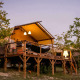 Tienda safari llamada Desert Lodge con baño privado, terraza elevada, árboles alrededor e iluminación nocturna.