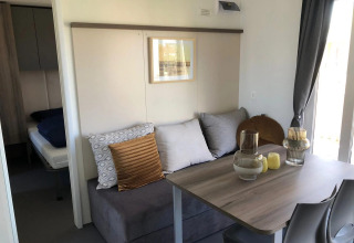 Sala y comedor de una lodge Cosy Unique en EuroParcs Veluwemeer con sofá, mesa y decoración moderna.