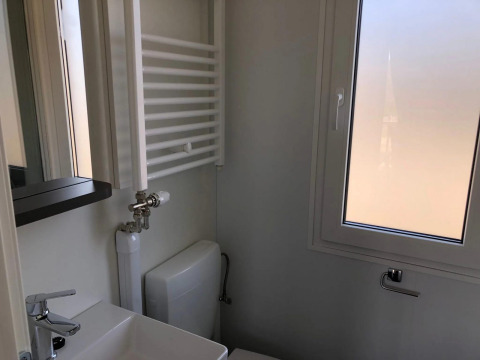 Baño pequeño en Cosy Unique, EuroParcs Veluwemeer, Países Bajos, con lavabo, ventana, radiador y váter.