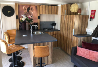 Modern kitchen interior at Cosy Unique lodge, EuroParcs Veluwemeer, Netherlands, with zebra artwork and barstools.