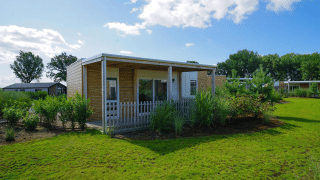 Et hyggeligt og moderne lodge kaldet Cosy Unique, omgivet af frodigt grønt og træer under blå himmel.