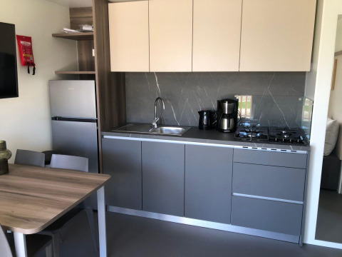 Moderne keuken in de Cosy Unique lodge bij EuroParcs Veluwemeer, Nederland, met kookplaat en eettafel.