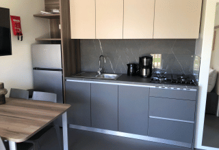 Moderne keukenvoorzieningen in de Cosy Unique lodge bij EuroParcs Veluwemeer, Nederland, met tafel.