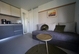 Salon moderne et coin cuisine élégamment décorés au lodge Cosy Unique d’EuroParcs Veluwemeer, Pays-Bas.