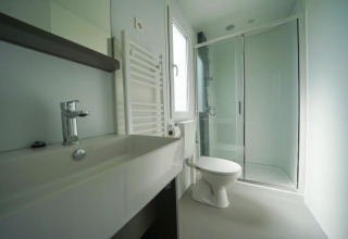 Baño moderno con ducha, inodoro y lavabo en Cosy Unique, EuroParcs Veluwemeer, Países Bajos.
