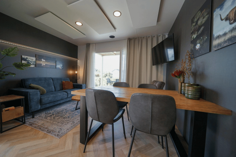 Sala y comedor modernos en la cabaña Domus de EuroParcs Veluwemeer, Países Bajos, con decoración elegante.