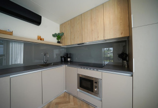 Moderne keuken in de Domus-lodge bij EuroParcs Veluwemeer, Nederland, met houten kasten en toestellen.
