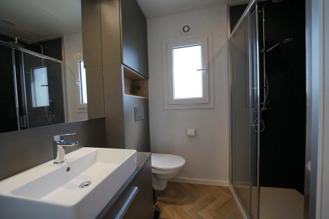 Baño moderno en Domus en EuroParcs Veluwemeer, Países Bajos, con ducha, lavabo y WC visibles.