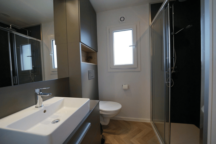 Baño moderno en Domus en EuroParcs Veluwemeer, Países Bajos, con ducha, lavabo y WC visibles.