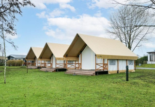 Tres tiendas de glamping tipo safari ubicadas en un campo verde, con árboles y cielo azul de fondo.