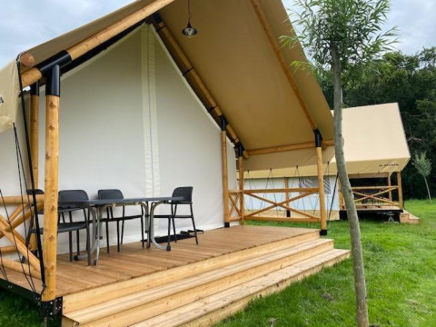 Glampingtelt med træveranda og havemøbler på græsplæne ved EuroParcs Veluwemeer i Holland.