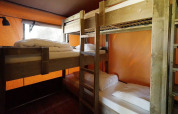 Innenansicht des Glampingtent Desert mit zwei Holz-Etagenbetten und oranger Wand für komfortables Camping.