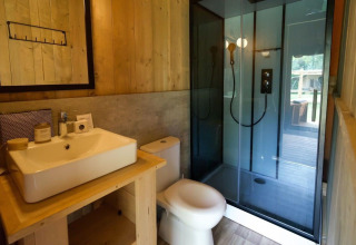 Moderne badkamer in Glampingtent Desert met vierkante wastafel, toilet en glazen douche, houten afwerking.