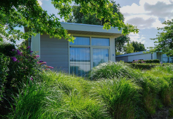 Gezellig Pavilion-lodge met grote ramen, omgeven door groene planten en kleurige bloemen in het zonlicht.