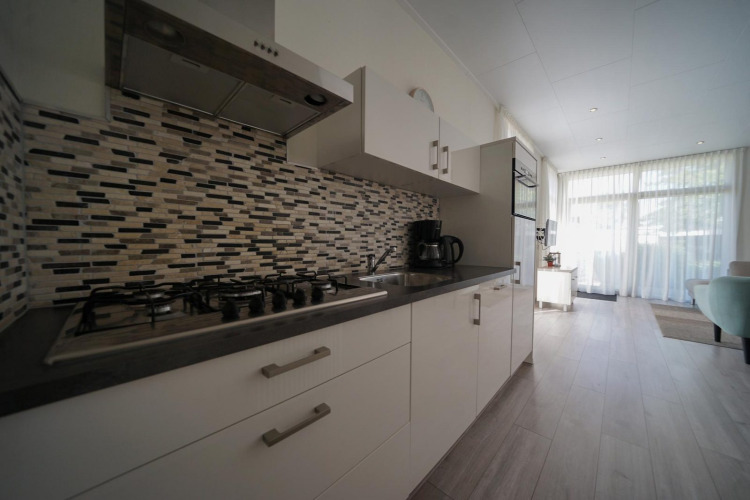 Cocina moderna en Pavilion de EuroParcs Veluwemeer, Países Bajos, con estufa de gas y pared de azulejos.