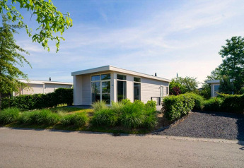 Lodge moderne aux grandes fenêtres, entouré de verdure et d’arbustes sous un ciel bleu éclatant.