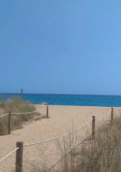 Camino de arena hacia la playa en Camping del Mar, Cataluña, España, con vegetación y mar azul.