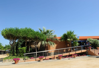 Camping del Mar en Catalogne, Espagne, bâtiment moderne, palmiers, fleurs en pots et ciel bleu dégagé.