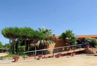 Camping del Mar in Catalonia, Spain, featuring an accessible ramp, palm trees, pines, flowers, and clear sky.