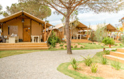 Safari-Zelte bei Glamping Mar auf Camping del Mar in Spanien, mit Holzterrassen und grüner Landschaft.