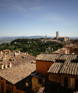 Blick auf die Ziegeldächer und die grüne Umgebung nahe Bevagna in Umbrien, Italien, an einem klaren Tag.