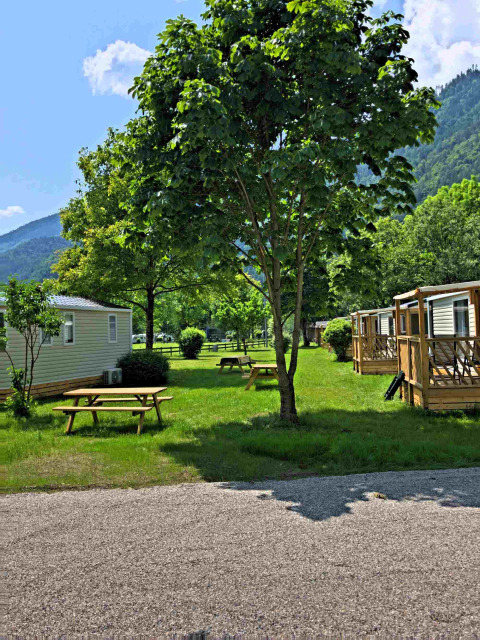Area campeggio con case mobili, tavoli da picnic e alberi al Drau Camping Sachsenburg, Carinzia, Austria.