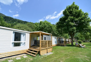 Casas móviles en Drau Camping Sachsenburg, Carintia, Austria, rodeadas de árboles y naturaleza tranquila.
