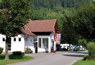 Drau Camping Sachsenburg i Kärnten, Østrig, med hovedbygning, flag, campingvogne og bjerge i baggrunden.