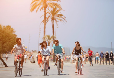 Cuatro amigos montan en bicicleta por un paseo soleado cerca de Pals, Cataluña, rodeados de palmeras y gente.