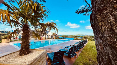 Area piscina all'aperto con palme e lettini al Camping Seasonova Les 7 Iles, in Bretagna, Francia.