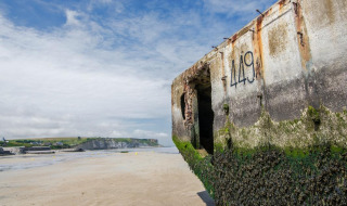 Foto de una antigua estructura de hormigón en la playa, cubierta de algas, con la costa al fondo.