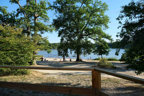 View through trees of the beach and lake at Camping Seasonova L'Etang des Bois in Centre-Val de Loire, France.