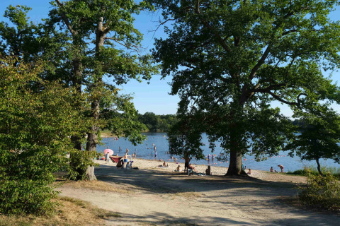 View of a lakeside beach with people swimming and relaxing under trees at Camping Seasonova L'Etang des Bois.