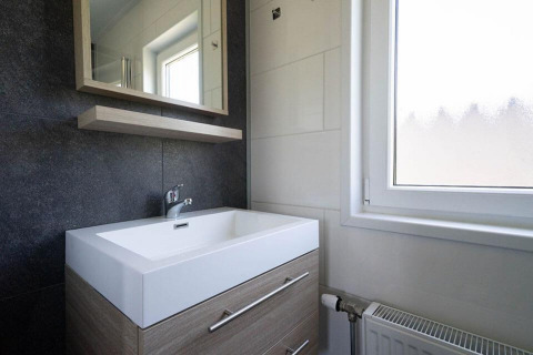 Moderne badkamer met wastafel en spiegel in een lodge bij Pavilion Waterfront, EuroParcs Veluwemeer.