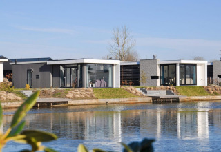 Pavillons modernes en bord de lac à EuroParcs Veluwemeer, Pays-Bas, entourés de nature et baignés de soleil.