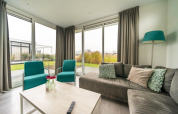 Lichte woonkamer in de Pavilion Waterfront-lodge bij EuroParcs Veluwemeer met moderne meubels en grote ramen.