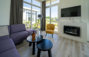 Moderne leefruimte in Pavilion Waterfront lodge bij EuroParcs Veluwemeer met grote ramen en stijlvolle inrichting.