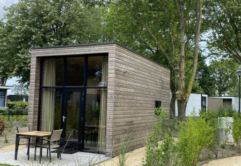 Tiny house moderne en bois avec de grandes fenêtres à EuroParcs Veluwemeer, Pays-Bas, entourée de verdure.