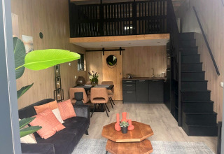 Modernes Glamping-Unterkunft mit Wohnzimmer, Küche, Essbereich und Hochbett in warmen Holztönen.
