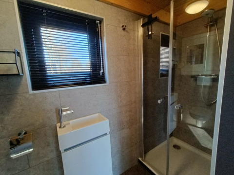 Baño moderno con ducha de vidrio, lavabo pequeño y ventana con persianas en Tiny House de EuroParcs Veluwemeer.