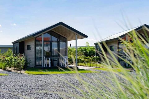 Modern tiny house with glass facade and small terrace at EuroParcs Veluwemeer in the Netherlands, sunny day.