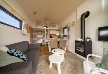 Gemütliches Wohnzimmer in einem Tiny House im EuroParcs Veluwemeer, Niederlande, mit Kamin und Sofa.