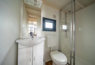 Bagno moderno in una tiny house a EuroParcs Veluwemeer con doccia, WC e lavandino.